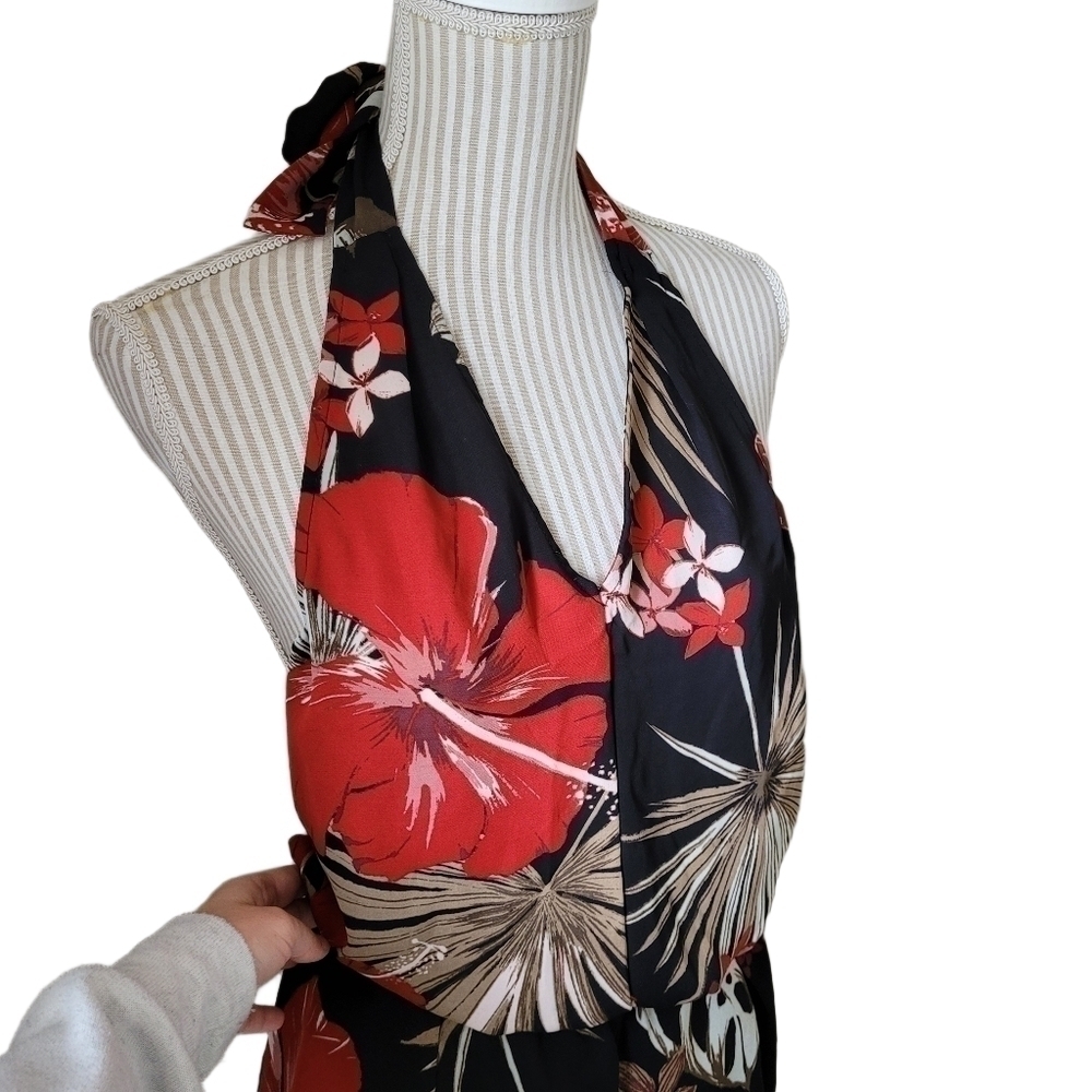 Dynamite | vneck halter romper one piece | small | black red hibiscus dress - Picture 10 of 15